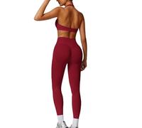 JN JANPRINT Set da palestra senza cuciture per le donne 2 pezzi Halter Backless reggiseni sportivi nascosti leggings scrunch abiti da yoga tuta allenamento, Borgogna, M