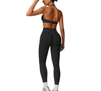 JN JANPRINT Set da palestra senza cuciture per le donne 2 pezzi Halter Backless reggiseni sportivi nascosti leggings scrunch abiti da yoga tuta allenamento, Nero , S