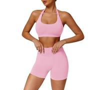 JN JANPRINT Set di allenamento senza cuciture per le donne 2 pezzi Halter Backless reggiseni sportivi nascosti pantaloncini elastici abiti da yoga tuta da palestra, rosa, L
