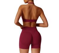 JN JANPRINT Set di allenamento senza cuciture per le donne 2 pezzi Halter Backless reggiseni sportivi nascosti pantaloncini elastici abiti da yoga tuta da palestra, Borgogna, S