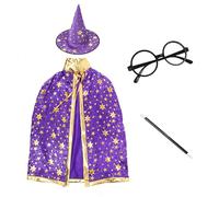JNAWA Costume da mago per Halloween, 4 pezzi, mantello magico, cappello magico, bacchetta, occhiali, per bambini, Halloween, Giornata mondiale del libro, travestimento per feste in maschera (viola)