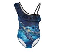 Jndtueit Costume da bagno per bambini con motivo animale per ragazze con volant Halter Costumi da bagno, Galassia Fiore Blu Tartaruga Mar, 9-10 Anni