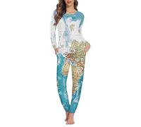 Jndtueit Pigiama da donna con tasca, a maniche lunghe, taglie forti, Mappa del mondo-, 5XL