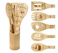 JNEYVIC Set di 5 Utensili da Cucina in Legno di Bambù,Spatola in Legno di Bamboo,Cucchiaio di Bambù Scanalato con Supporto per Cottura, Pentole e Padelle Antiaderenti
