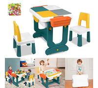 JNGLGO Set da tavolo per bambini con 2 sedie, tavolo attività per bambini con 300 blocchi di costruzione, multifunzione per bambini mattoni da costruzione tavolo