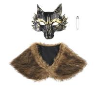 JNGUOSICN Maschera medievale in finta pelliccia da lupo, mantello in pelliccia vichinga, mezza maschera a mezzo viso, maschera rinascimentale da lupo mannaro per Halloween, carnevale, cosplay, feste
