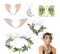 JNYUTEEN 6 Pezzi Tiara Elfica con Orecchie da Elfo, Fata Foglia Corone Fascia Accessories, Orecchie da Fata Foglia Verde Braccialetto Toppa con Faccia per Halloween Carnevale Matrimonio Cosplay