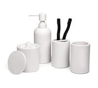 Jo Lavie Set di accessori da bagno bianco opaco - Organizer da banco in resina da 4 pezzi con dispenser di sapone, bicchiere, portaspazzolino e barattolo per cotton fioc - Kit di vanità moderno e