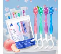 JOAASU Set di 26 mini spazzolini da denti 5 in 1, filo interdentale, raschietto per lingua e stuzzicadenti, mini spazzolino usa e getta, set da viaggio portatile pre-incollato, 4 gusti per riunioni di