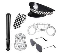 JOAASU Set di 6 accessori per costume da polizia, accessori per travestimento da polizia, accessori per giocare con cappello, manette, distintivo, cravatta, bacchetta e occhiali, travestimento per