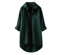 JOASDAO Camicie da donna in lino con bottoni, maniche arrotolabili, casual, con scollo a V, oversize, con orlo basso, vestibilità ampia, Verde scuro, L