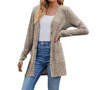 JOASDAO, cardigan da donna autunnale, a maniche lunghe, leggero, in maglia a costine, con apertura sul davanti, a righe, con bottoni, tinta unita, a cascata, cardigan lungo, maglione, maglieria, 2
