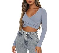 JOASDAO Donne Sexy Criss Cross Crop Top Wrap Front V Neck Tinta unita Manica Lunga Elastico Strette Camicie Y2K Uscire Tees Streetwear, Blu, S