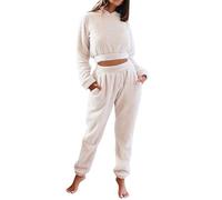 JOASDAO Set pigiama invernale con cappuccio corto da donna in pile peloso pullover top e pantaloni caldi pigiama loungewear indumenti da notte, bianco, S