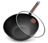 Jobin 33cm/5,6L Wok Antiaderente in Acciaio al Carbonio con Coperchio - Padelle Senza Rivestimento Chimico - Può Cucinare Piatti Asiatici per 4-6 Persone - Adatto a Tutti i Fornelli