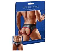JOCK SLIP APERTO DIETRO IN NEOPRENE NERO E ROSSO CON ZIP DAVANTI TG.S,M,L,XL