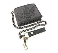 Jockey Club Portafoglio da motociclista in vera pelle, con teschio, con catena da 50 cm e protezione RFID, grigio scuro, s, Portamonete