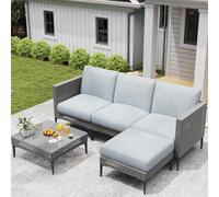 Jocoevol Set di divani ad angolo per esterni a 4 posti, comodi cuscini spessi a forma di L, per giardino, balcone, divano resistente alle intemperie, include tavolo in vetro, sedie senza braccioli e
