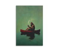 jocrynsi Bigfoot su una canoa rossa pesca retrò beige poster artistico da parete stampa artistica da parete su tela decorazione per la casa camera da letto soggiorno 60 x 90 cm, senza cornice