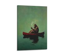 jocrynsi Bigfoot su una canoa rossa pesca retrò beige poster artistico da parete stampa artistica da parete stampa artistica da parete decorazione per la casa camera da letto soggiorno 50 x 75 cm con