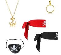 JOCXZI 5 Accessori Pirata-Orecchini a Cerchio, Toppe con Occhio Pirata, Sciarpa a Testa di Pirata Vintage, Collana Pirata e Capitano dei Pirati
