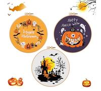 Jodsen 3 Pezzi Kit per Ricamo per Principianti di Halloween Zucca Kit per Ricamo con Motivo e Istruzioni Kit Ricamo Starte Telaio Ricamo per Halloween Arte Fai Da Te Kit Cucito per Adulti Artigianato