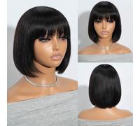 Joedir 20cm Parrucca corta diritta corta da con frangia Parrucche brasiliane diritte per capelli umani senza pizzo frontale Parrucche per capelli umani fatte a macchina per donne (nero)