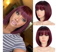JOEDIR HAIR Bob TT1B/99J - Parrucca di capelli veri con frangia, per donne nere, colore rosso, a bob, realizzata a macchina, senza colla (20 cm, TT1B/99J)