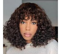 JOEDIR HAIR Short Curly Wig with Bangs Human Hair Wig for Black Women 12 inch Chocolate Brown Water Wave Jerry Curl Bob Wig 150% Density Non Lace Front Glueless Wig (colore: #2 Dark Brown)