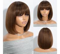 Joedir Parrucca corta con frangia bob parrucche per donne nere 26 cm rettilineo bob parrucca capelli umani marrone parrucche senza colla per le donne