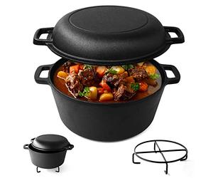 Joejis Dutch Oven - Pentola in ghisa pre-stagionata da 4,7 l, con coperchio multiuso da 1,75 l, adatta per forno e tutti i tipi di piano cottura, pentola in ghisa olandese 2 in 1 per fare il pane