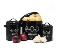 joeji's Kitchen Porta aglio e Cipolla Set di 3, contenitori per alimenti in metallo con coperchio e circolazione dell'aria a 360° - porta cipolla contenitore patate - Nero