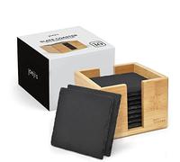 Joeji's Kitchen Set di 10 Sottobicchieri in Ardesia - Resistente al calore - Ardesia per bicchieri - 100% Natural con supporto in bambù - Multiuso per bevande birra caffè olio vasi e altro