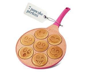 Joeji's Kitchen Teglia per pancake a 7 fori 26,5 cm Smiley - Alluminio antiaderente leggero - Induzione elettrica a gas - Mini pancake pancake crêpe - Cucina divertente per bambini - Rosa