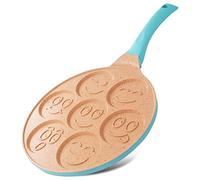 Joeji's Kitchen Teglia per pancake a 7 fori 26,5 cm Smiley - Alluminio leggero antiaderente - Induzione elettrica a gas - Mini pancake frittelle crêpe - Cucina divertente per bambini - Blu