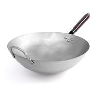 Joeji's Kitchen Wok in acciaio al carbonio 35 cm - Fondo tondo - Manico in legno rimovibile - Stile tradizionale martellato a mano - Padella Wok cinese robusta e pesante - Perfetta per piatti asiatici