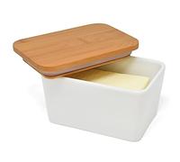 Joeji's Portaburro da Frigo in Ceramica Bianca con Coperchio in Bambù - Burriera 500 ml Ermetica per Burro Fresco - Porta Burro Grande da Tavola per Cucina e Frigorifero