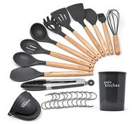 Joejis Set di 25 Utensili Cucina Set Utensili Cucina in Silicone Grigio Resistenti al Calore Utensili Cucina Silicone con Manico in Legno