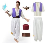 Joellfuner Aladdin Costume Adulto, Costume Aladdin Uomo, Costume Carnevale Principe Arabo con Lampada Aladino, Gilet Arabo, Pantaloni di Aladino, Camicie, Cappelli per Feste a Tema Carnevale (M)