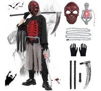 Joellfuner Costume da Mietitore di Halloween, Ragazzi Skull Reaper Costume con Teschio Lanterna, Guanti, Catena in Vita e Falce, Bambino Morte Costume da Scheletro per Halloween Carnevale (M（7-9）)
