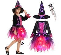 Joellfuner Costume da Strega Bambina, Abito di Halloween per Ragazze, LED Vestito Strega con Cappello e Bacchetta Magica, Travestimento Stregatto per Halloween Carnevale Compleanni Cosplay Festa (100)