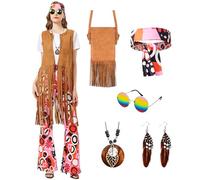 Joellfuner Costume Hippie Donna anni 70, Vestiti Carnevale Donna, Accessori Hippie Donna, Abito anni '60 per donna anni '70, abbigliamento da donna per feste boho hippie (Rosa, XXL)