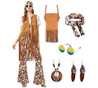 Joellfuner Costume Hippie Donna anni 70, Vestiti Carnevale Donna, Accessori Hippie Donna, Abito anni '60 per donna anni '70, abbigliamento da donna per feste boho hippie (Colorato, XL)