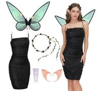 Joellfuner Costumi da fata Donne, Vestito Fata Donna, Ali Di Fata Costume con Abiti, Wings, Orecchie di Elfo e Ghirlande, Ali di Fata Donne per Adulti Carnevale, Compleanno, Festa Cosplay (Nero, M)