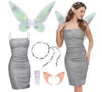 Joellfuner Costumi da fata Donne, Vestito Fata Donna, Ali Di Fata Costume con Abiti, Wings, Orecchie di Elfo e Ghirlande, Ali di Fata Donne per Adulti Carnevale, Compleanno, Festa Cosplay (Bianco, L)