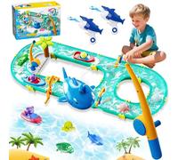 Joellfuner Pista d'acqua per bambini all'aperto, 2 in 1 giocattolo acquatico per bambini outdoor, set pista d'acqua con 2 barche, 6 figure di animali, 2 pistole ad acqua e funzione di pesca, tavolo