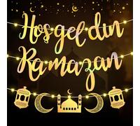 Joellfuner Ramadan Kareem Banner, Hoşgedin Ramazan Islam Banner decorativo con catena luminosa a LED, Eid Mubarak Hanging Party Garland, Moon Star Lantern Castle Ghirlanda Ramadan Eid Decorations