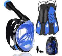 Joellfuner Set da Snorkeling per Adulti, Maschera Subacquea Integrale, 180° Visuale Panoramica, Anti-Appannamento e Anti-perdite, Pinne Regolabili, Adatto alle Immersioni e al Nuoto (Blu, L/XL)