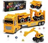 Joellfuner Trasportatore Auto e Veicoli di Ingegneria con Rimorchio, Luci e Suoni, Ribaltabile per Escavatori, Giochi per Bambini 3+ Anni (Giallo)