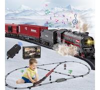 Joellfuner Trenino Elettrico per Bambini, Locomotiva a Vapore, Trenino Elettrico Natalizio con Affumicato, Luci e Suoni, Treni Elettrico Giocattolo con Pista Lunga per Regali di Natale (Telecomandi)